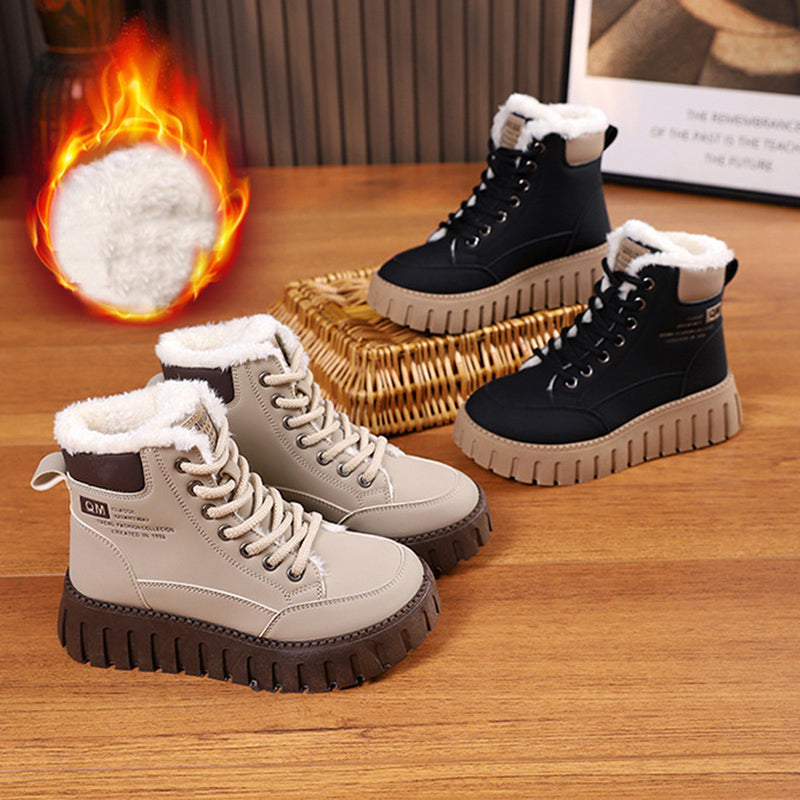 Women's Lace-Up Fleece Ankle Snow Boots with Thick Heel