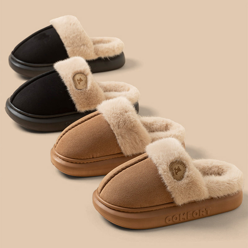 Fluffy platform slippers with fur collar