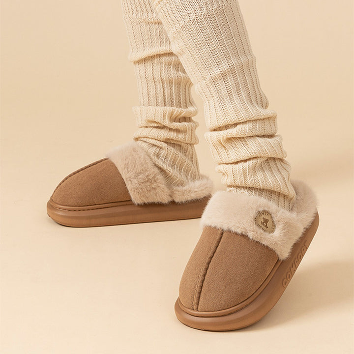 Fluffy platform slippers with fur collar