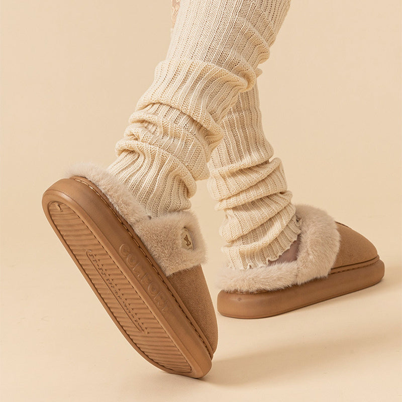 Fluffy platform slippers with fur collar