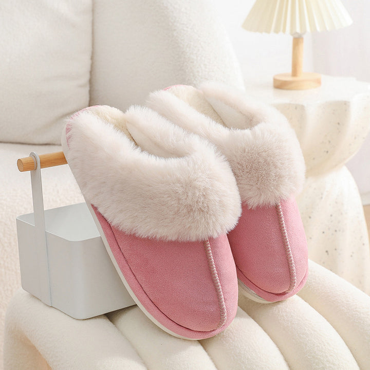 Faux suede slippers with fluffy collar