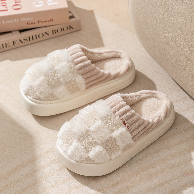 Checked plush house slippers