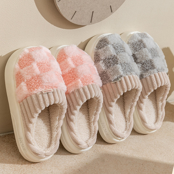 Checked plush house slippers