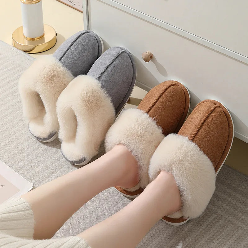 Faux suede slippers with fluffy collar